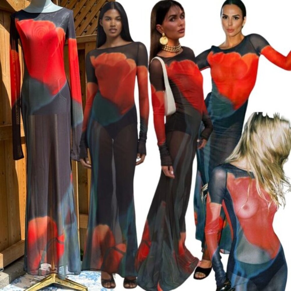 🆕 RAT & BOA 🧿 NWOT Juniper Sheer Long Sleeve Dress, Dark Red Tulip, Sz XS